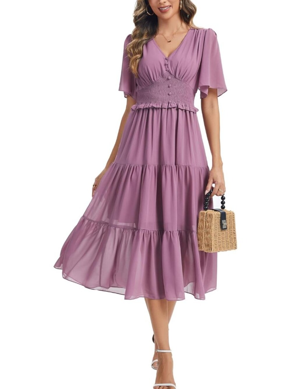 Women's Grey Purple Ruffled Short Sleeves V Neck Imported Casual Maxi Dress
